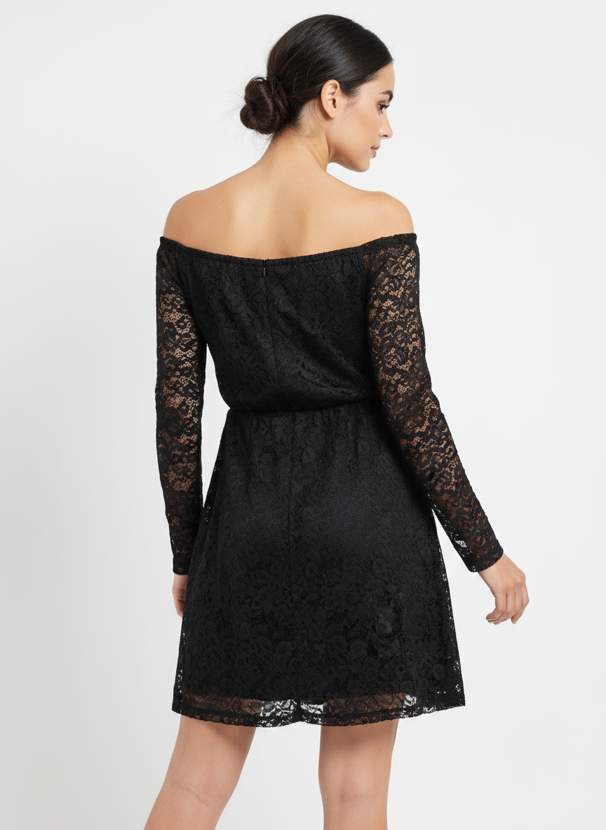 Elegant Black Lace Off-Shoulder Midi Dress