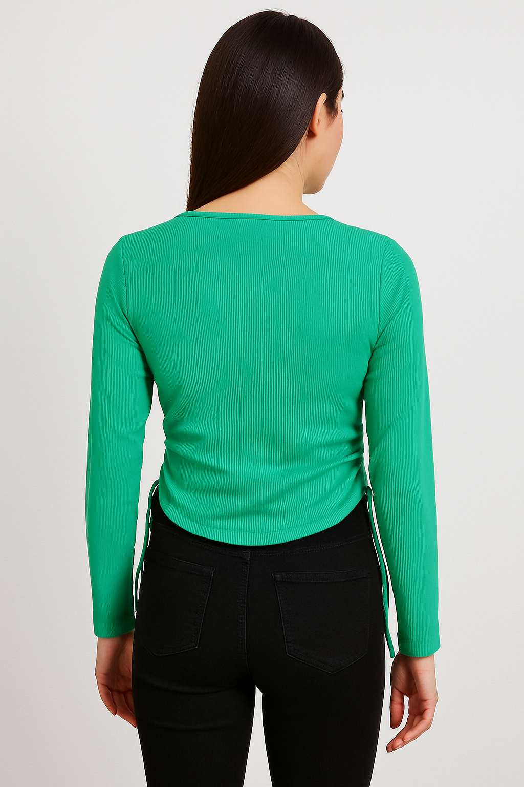 Women’s Green Ribbed Long Sleeve Top with Side Drawstring Detail
