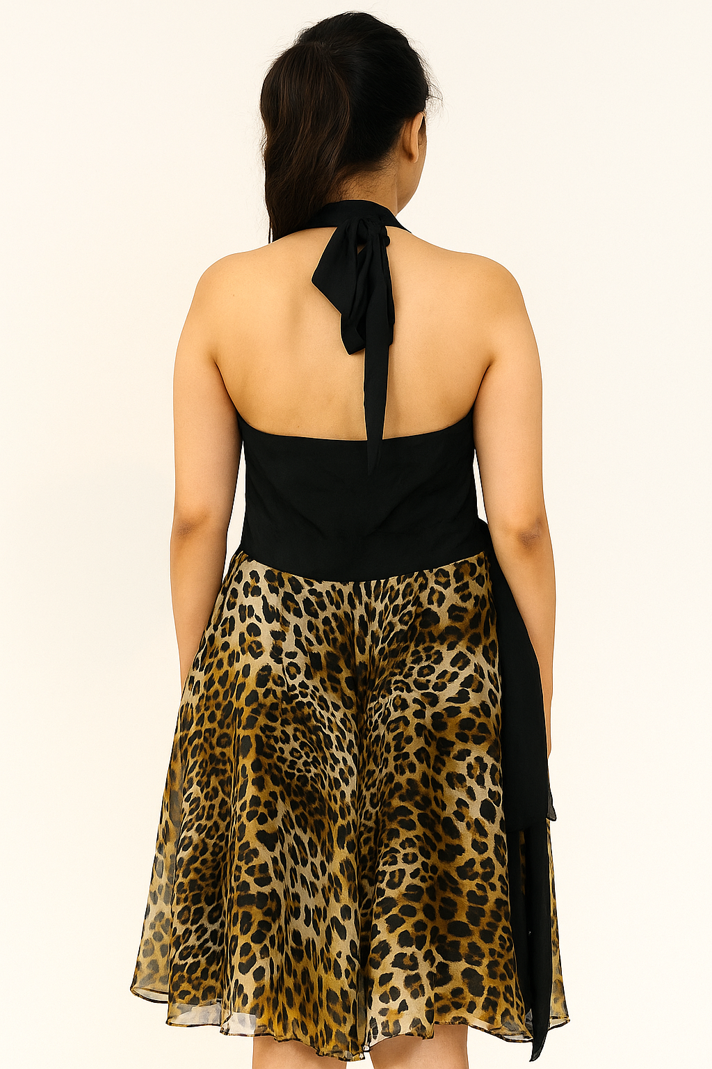Stylish Black Halter Neck Leopard Print Midi Dress