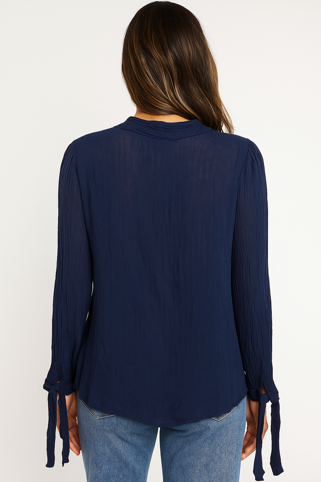 Women’s Navy Blue Tie-Neck Long Sleeve Blouse Top