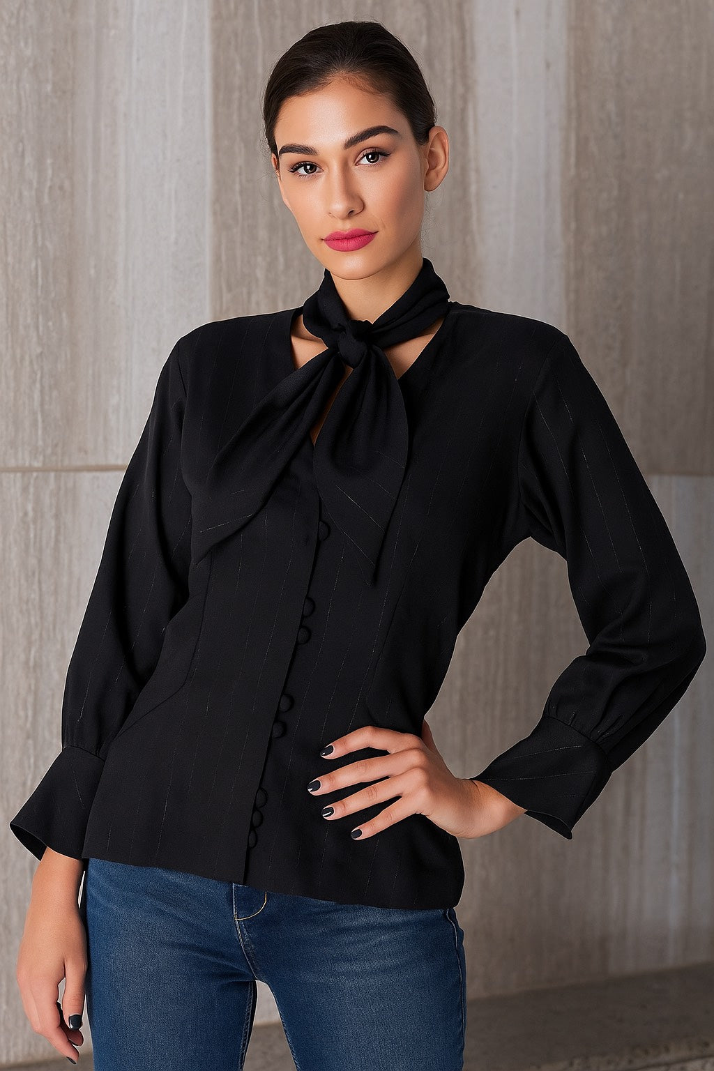 Elegant Black Pinstripe Peplum Blazer Top