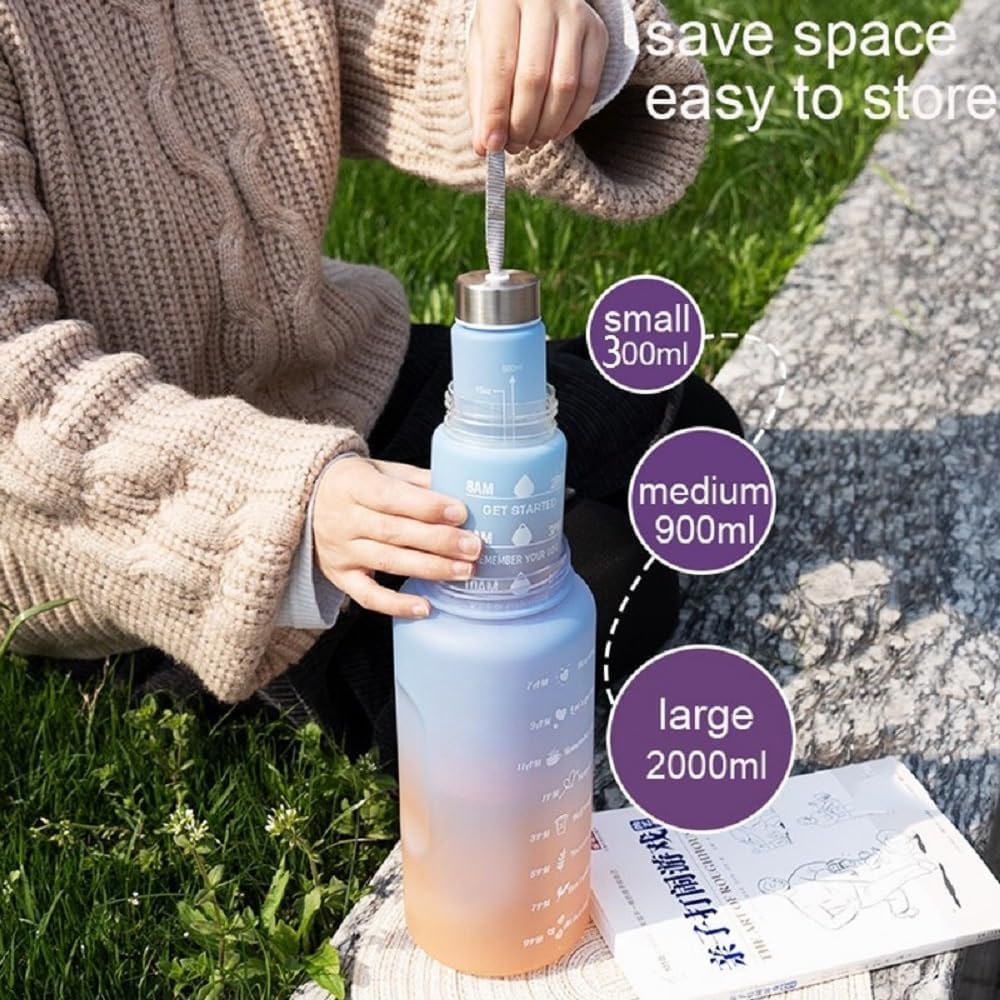 Motivational Water Bottle Set of 3 (2000ml, 900ml & 300ml) with Time Marker & Straw | BPA-Free, Unbreakable, Leakproof, Non-Toxic Sipper Bottle for Gym, Sports, Office & School (Multicolor)