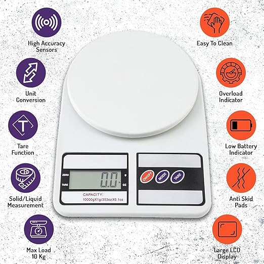 Digital Kitchen Weighing Scale 10Kg – LCD Display, 1-Year Warranty, Precision Weight Machine for Cooking, Baking, Diet, Shop & Home Use
