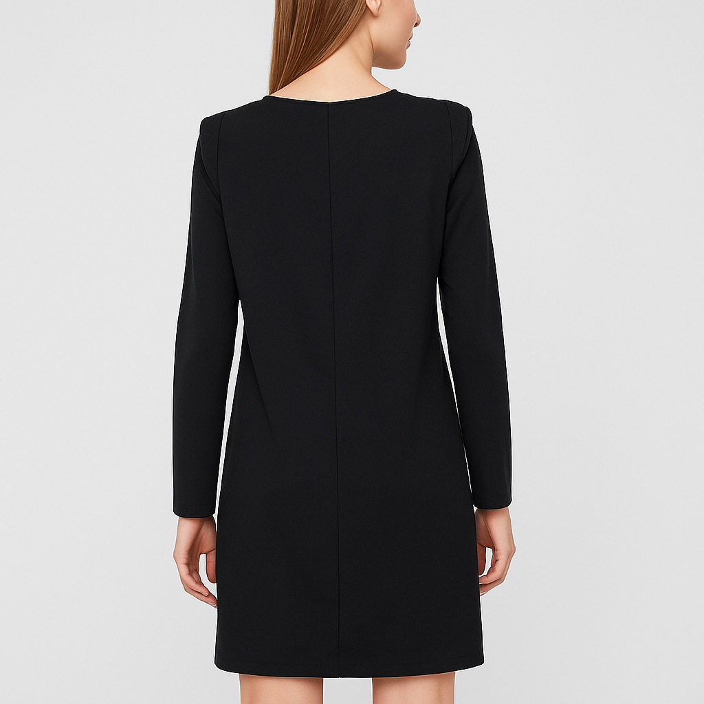 Elegant Black Long Sleeve Shift Dress for Women – Classic Round Neck, Minimalist Style, Perfect for Office, Parties & Casual Wear