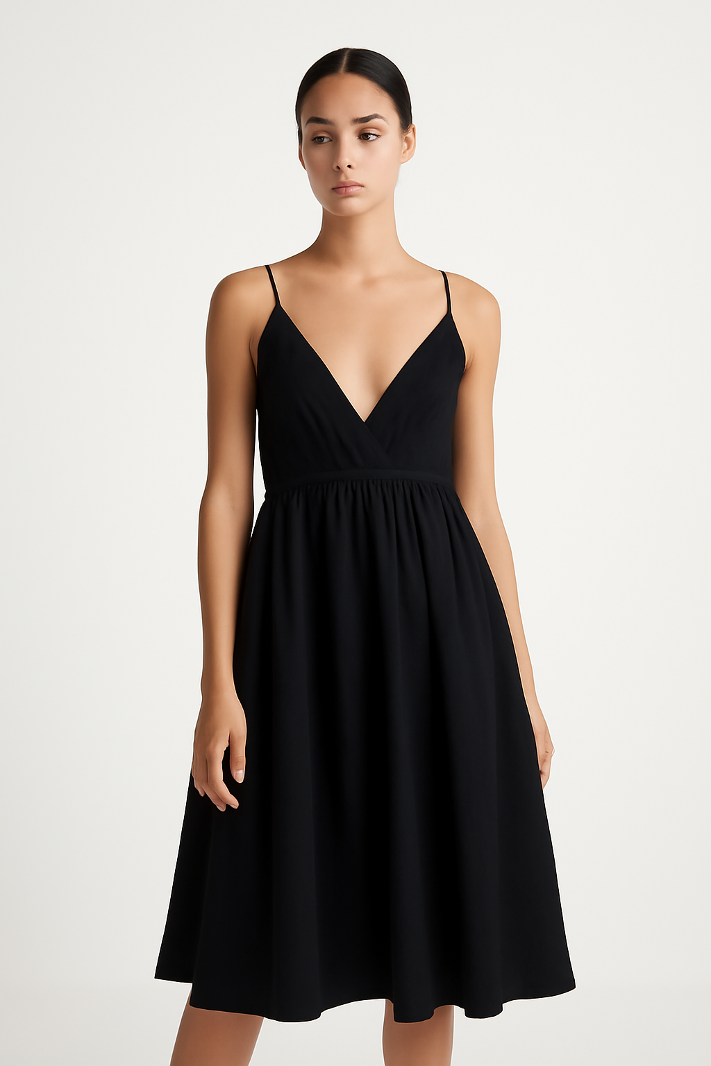 Elegant Black Sleeveless Midi Dress | V-Neck A-Line Sundress with Spaghetti Straps