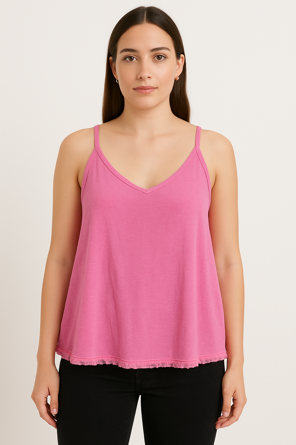 Women’s Pink Spaghetti Strap Top – Casual Summer Cami with Fringe Hem