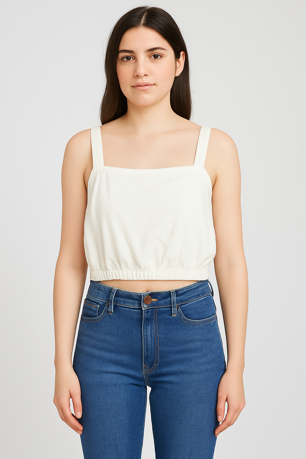 Women’s Solid White Sleeveless Crop Top with Square Neck & Elastic Hem