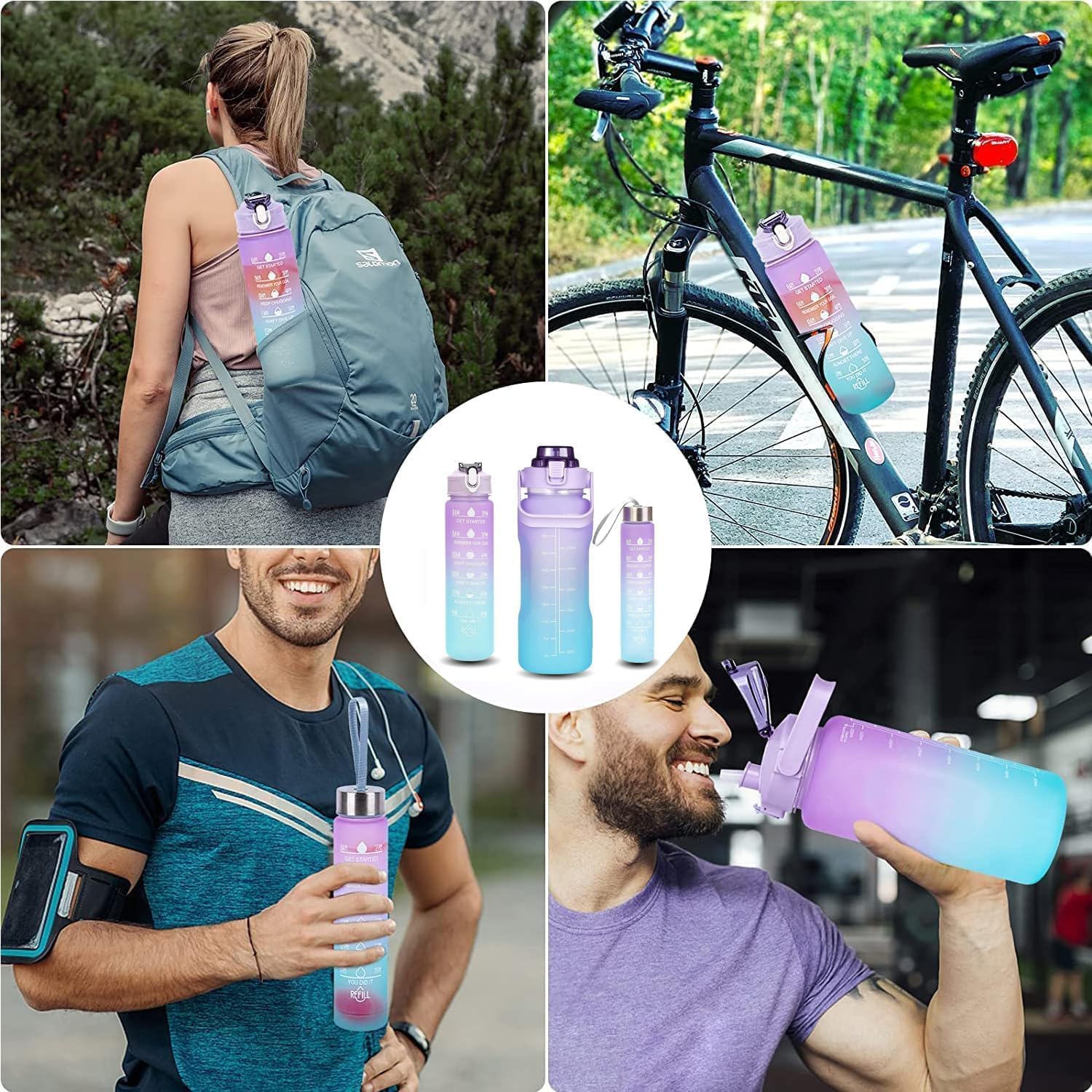 Motivational Water Bottle Set of 3 (2000ml, 900ml & 300ml) with Time Marker & Straw | BPA-Free, Unbreakable, Leakproof, Non-Toxic Sipper Bottle for Gym, Sports, Office & School (Multicolor)