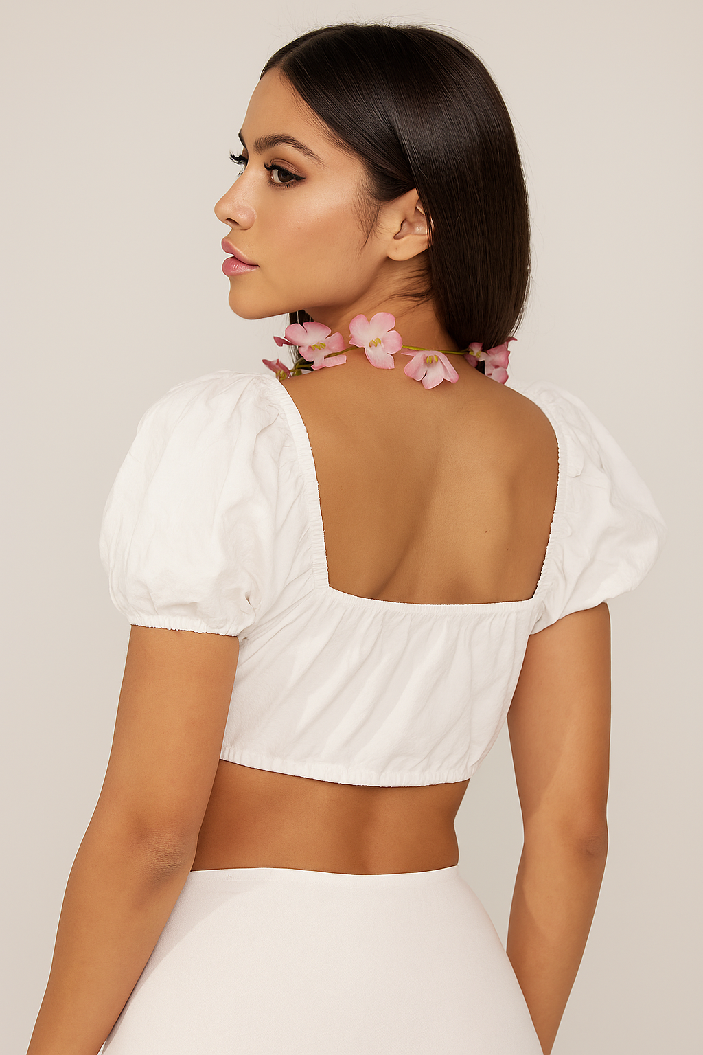 Women’s White Puff Sleeve Tie-Front Crop Top – Chic Summer Casual Wear