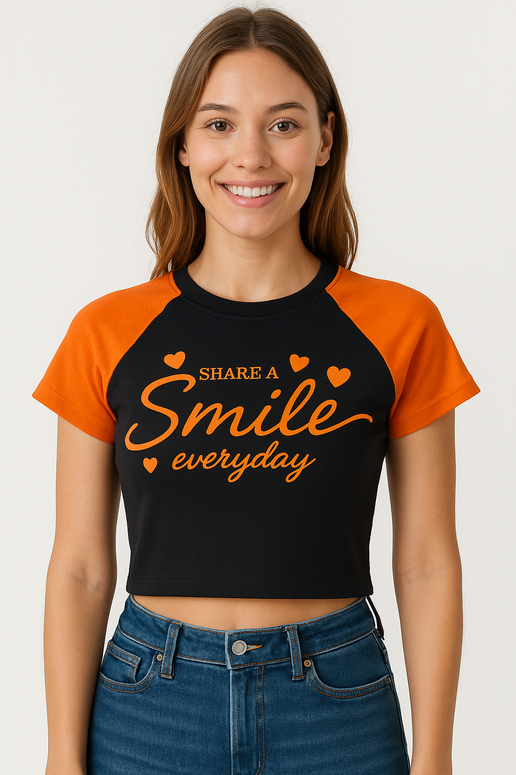 Women’s Black & Orange Raglan Crop Top – “Share a Smile Everyday” Printed T-Shirt