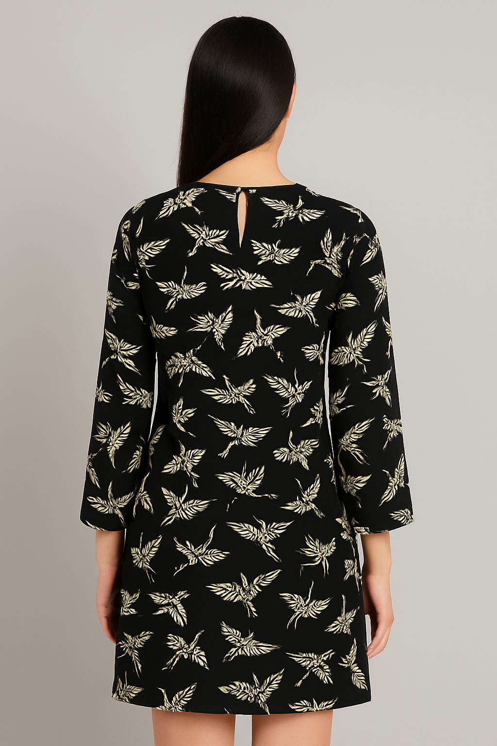 Women’s Black A-Line Mini Dress with Beige Bird Print | 3/4 Sleeve Round Neck Casual & Party Wear Dress