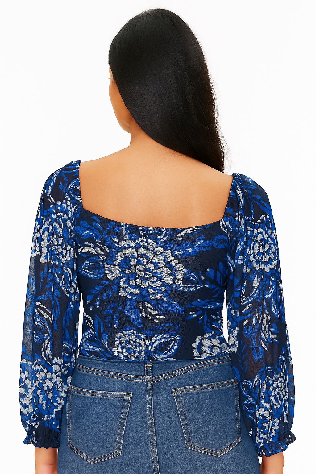 Blue Floral Ruched Sweetheart Neck Top