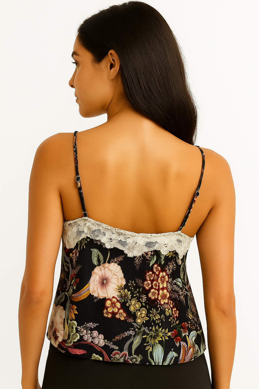 Elegant Floral Lace-Trim Cami Top – Black