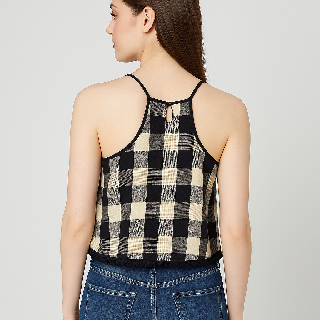 Women’s Checked Spaghetti Strap Crop Top – Black & Beige