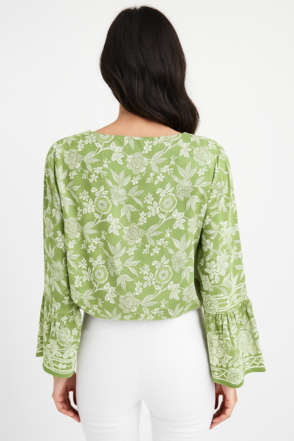 Women’s Green Floral Print V-Neck Wrap Top with Bell Sleeves – Casual Stylish Blouse for Jeans & Trousers
