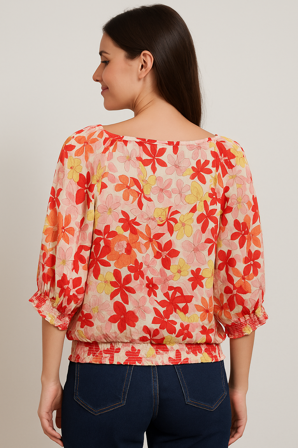Women’s Floral Print Peasant Top – Boho Style 3/4 Sleeve Blouse with Tie Neck & Smocked Hem