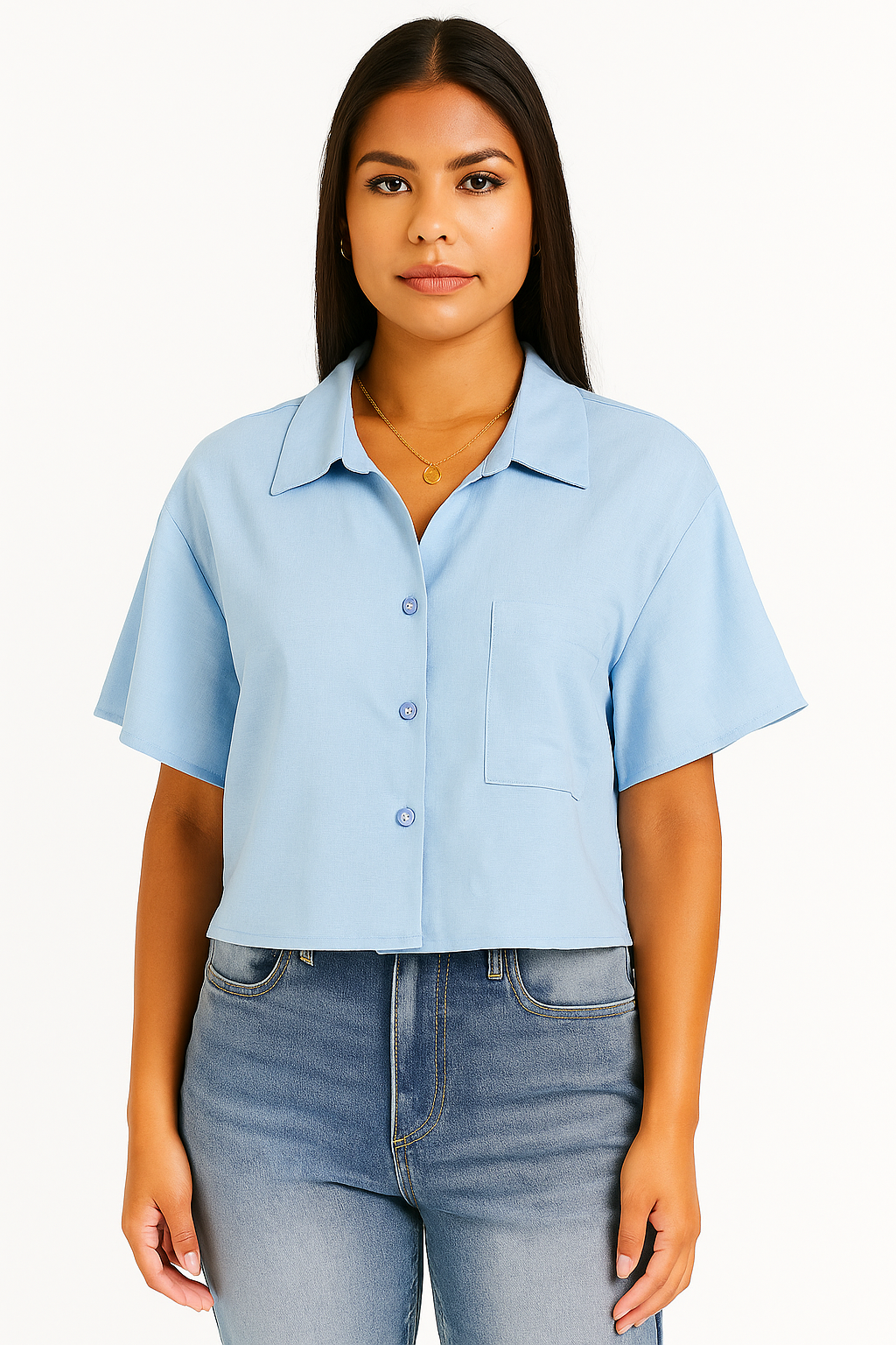 Women’s Light Blue Casual Crop Shirt with Front Pocket & Short Sleeves – Stylish Button Down Top for Jeans & Trousers