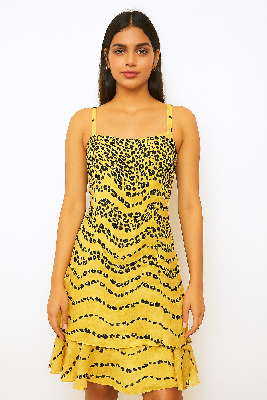 Women Stylish Sunny Yellow Leopard Print Ruffle Hem Dress