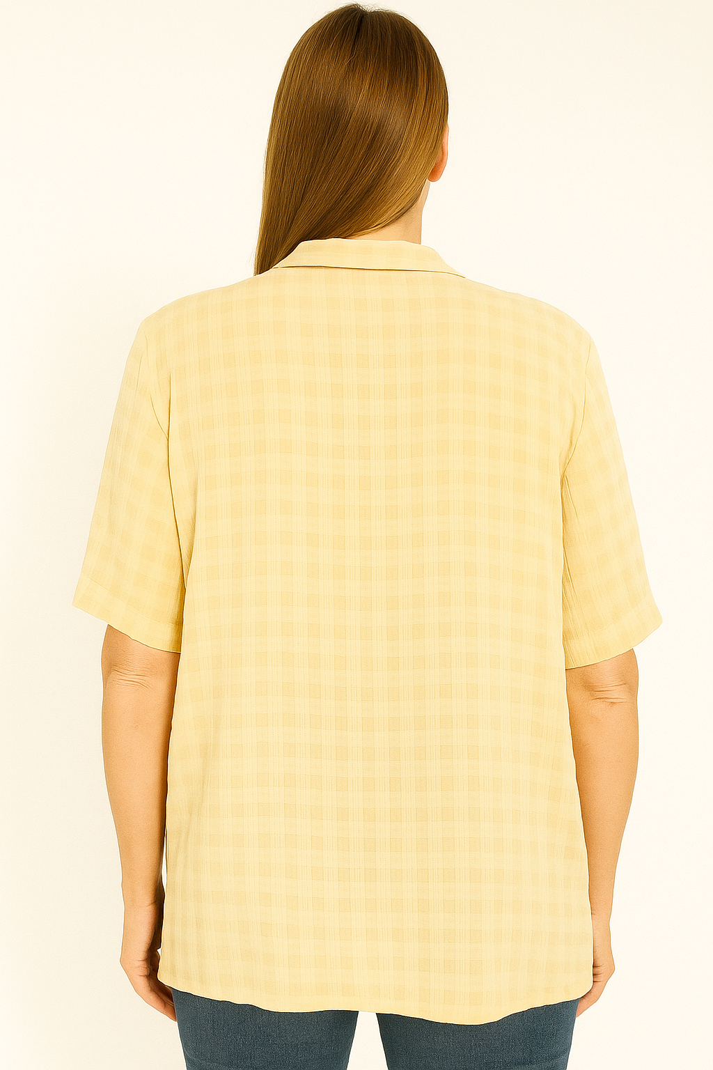 Women’s Yellow Checkered Button-Down Shirt with Short Sleeves