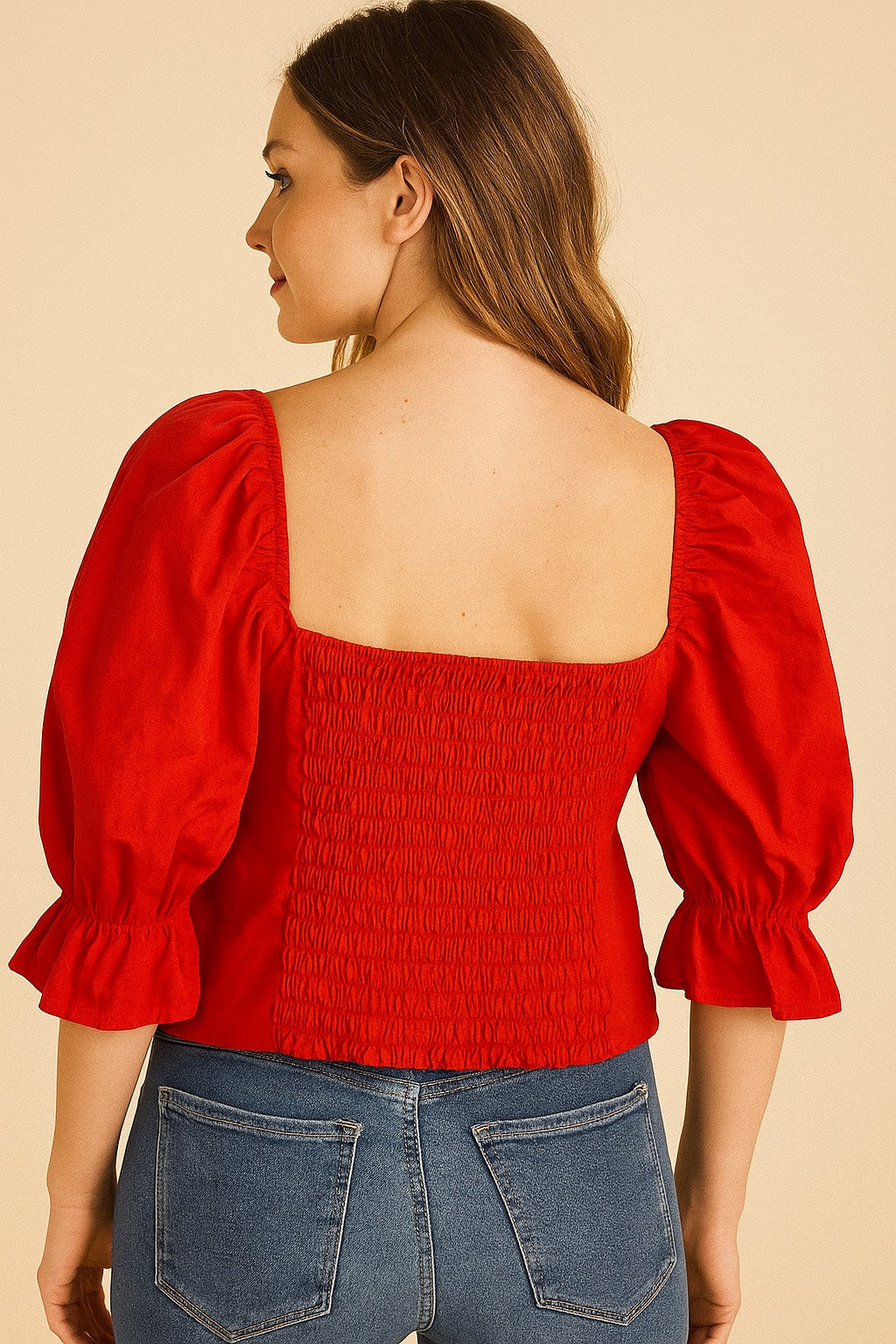 Women’s Red Puff Sleeve Smocked Back Sweetheart Neckline Top