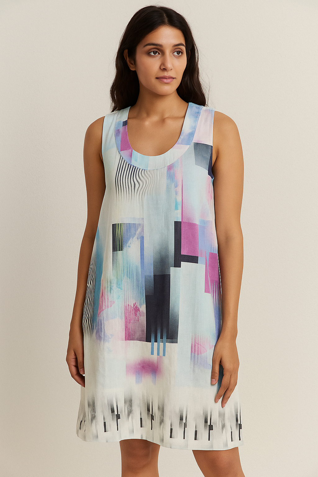 Women Stylish Casual Pastel Skyline Sleeveless Shift Dress