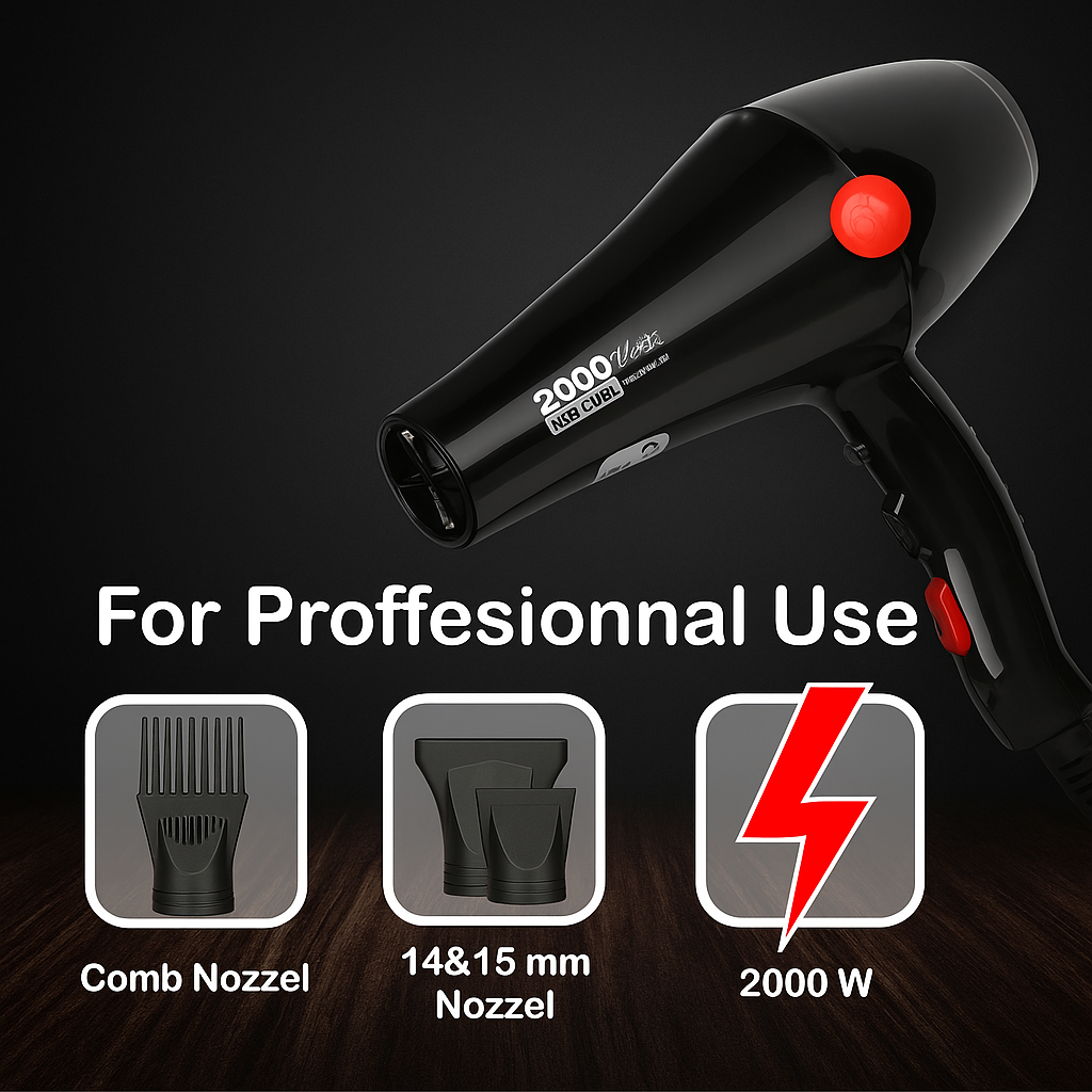Professional 2000 W High-Torque Hair Dryer for Women & Men – Salon, Parlour & Home Use | Ionic Conditioning | 3 Heat & 2 Speed Settings | Cold Shot | Foldable Handle | Ergonomic Design with Heat Shielding Technology (Black)