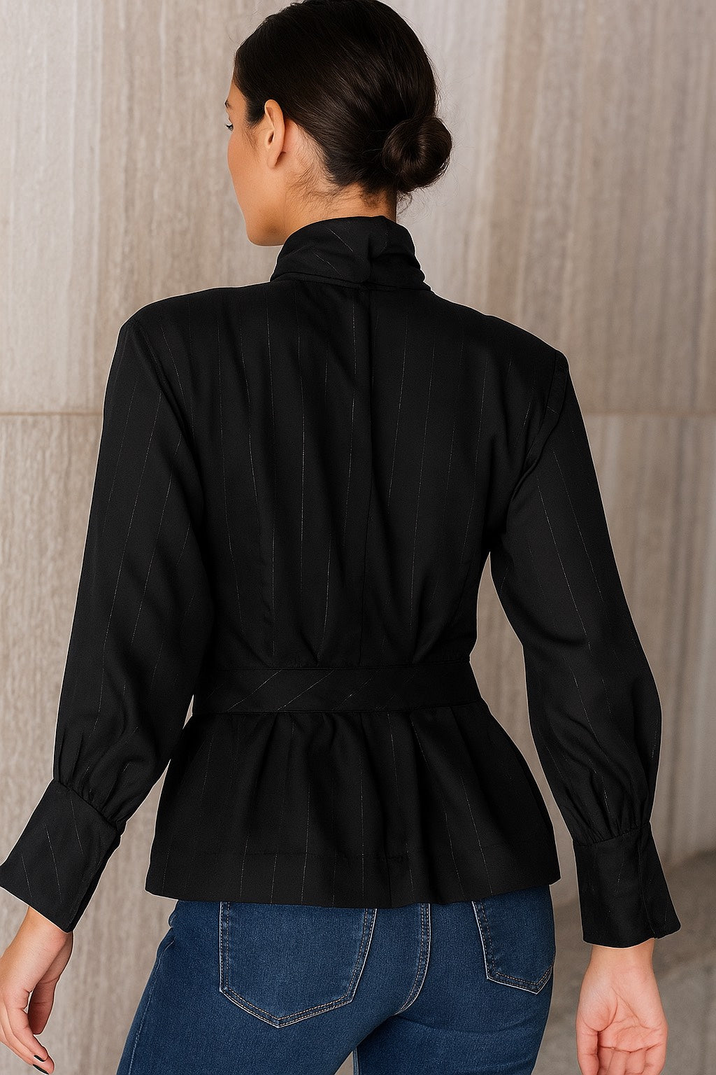 Elegant Black Pinstripe Peplum Blazer Top