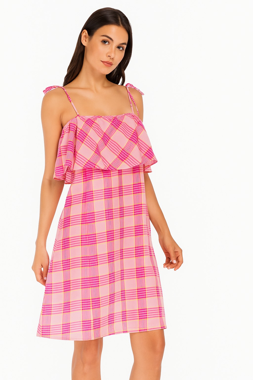 Pink Plaid Sleeveless A-Line Dress | Lightweight Summer Casual Outfit with Ruffle Detail