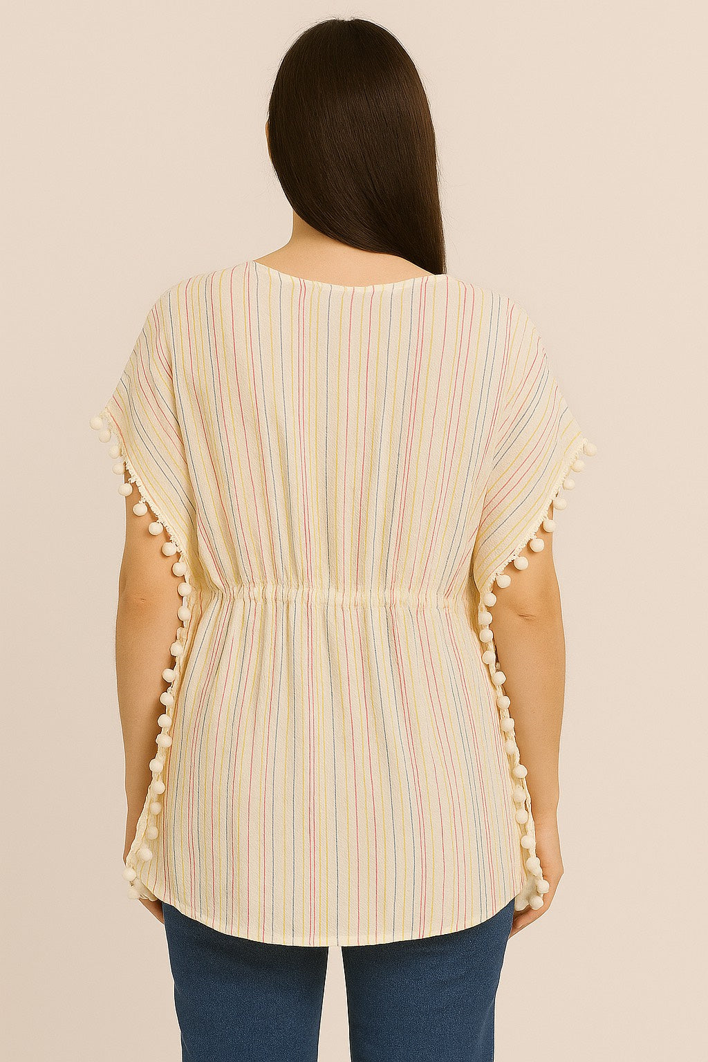 Women’s Multicolor Striped Casual Top with Pom-Pom Detailing | V-Neck Short Sleeve Tunic