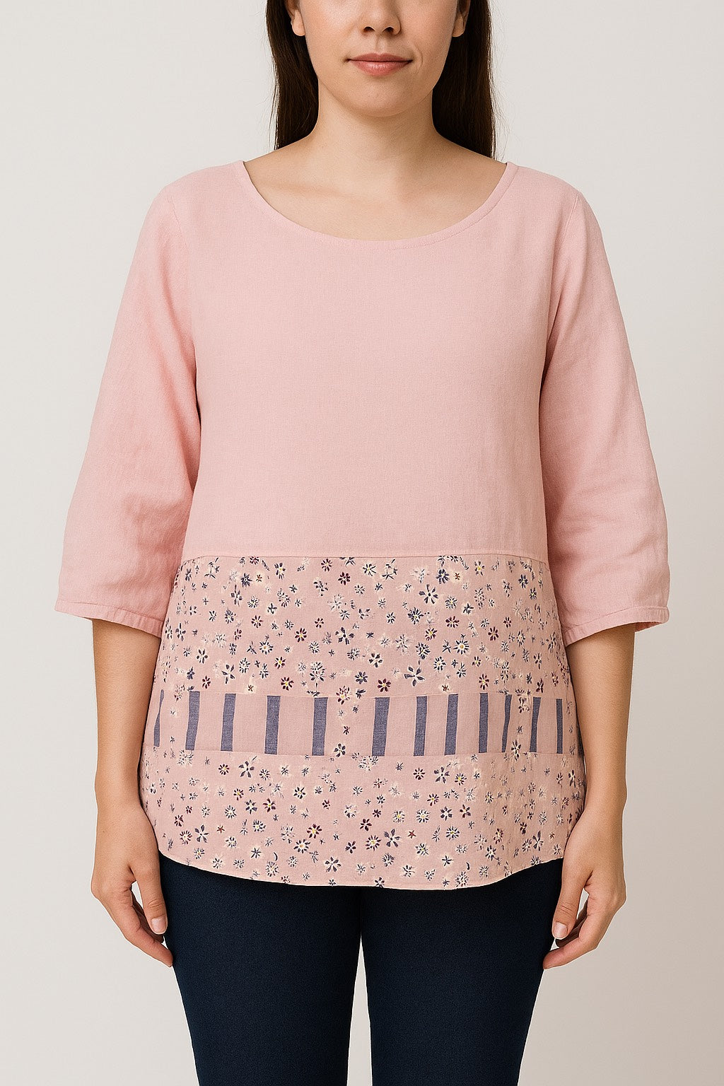 Women’s Pink Cotton Blend Printed & Striped Casual Top | Round Neck 3/4 Sleeve Tunic