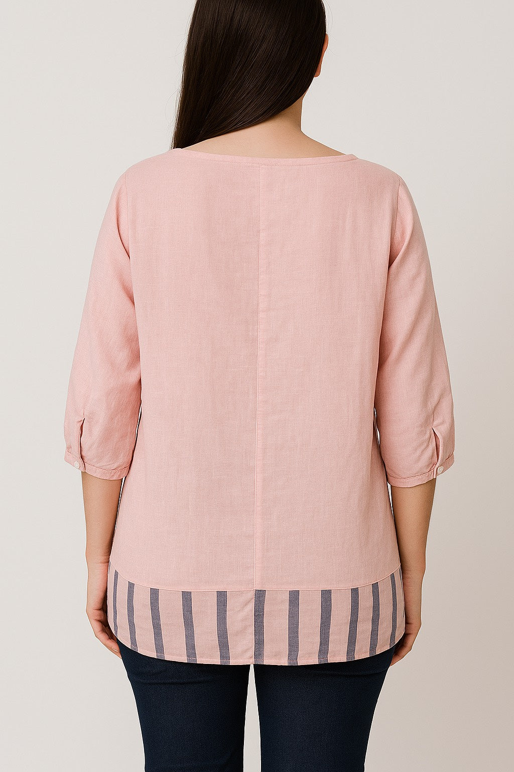 Women’s Pink Cotton Blend Printed & Striped Casual Top | Round Neck 3/4 Sleeve Tunic