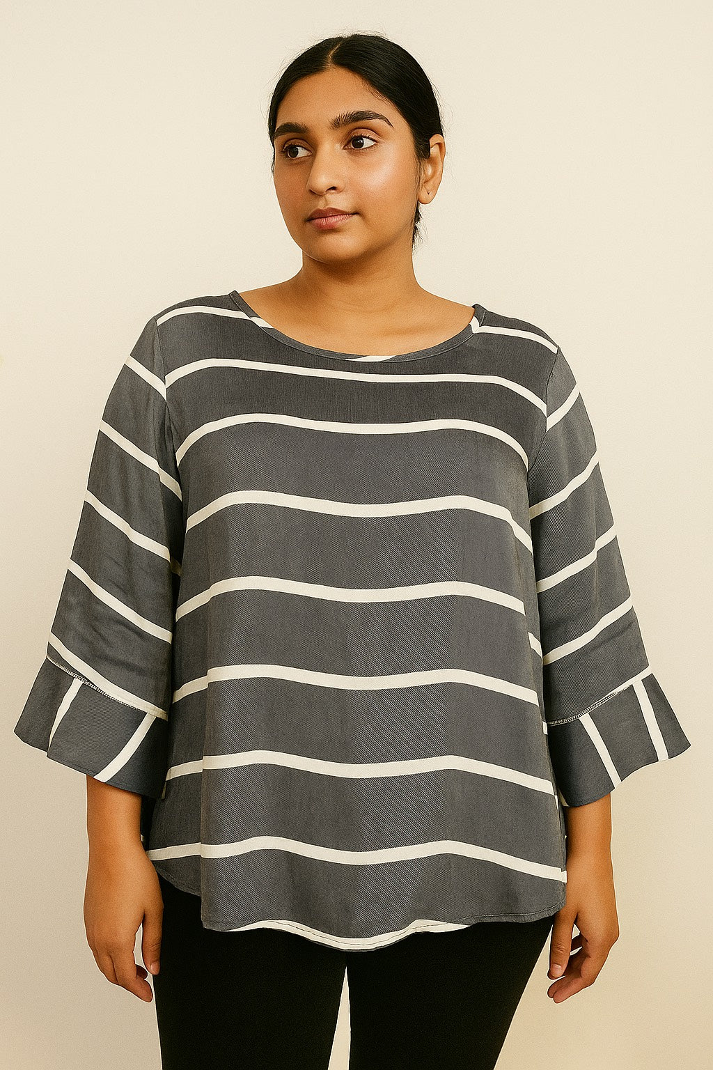 Women’s Grey Striped Top with Flared Sleeves | Casual & Office Wear