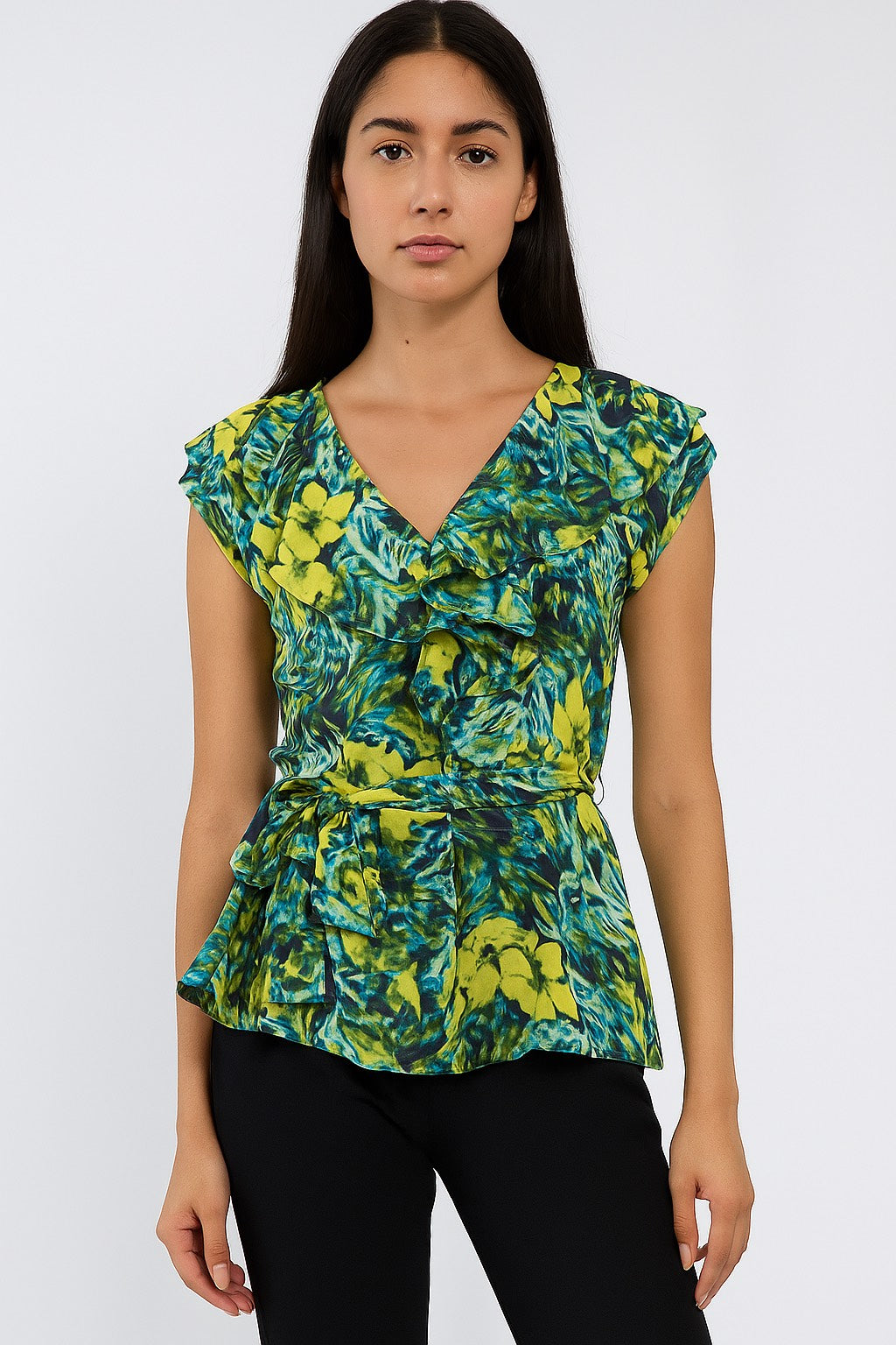 Women’s Green & Blue Abstract Print Ruffle Top with Belt
