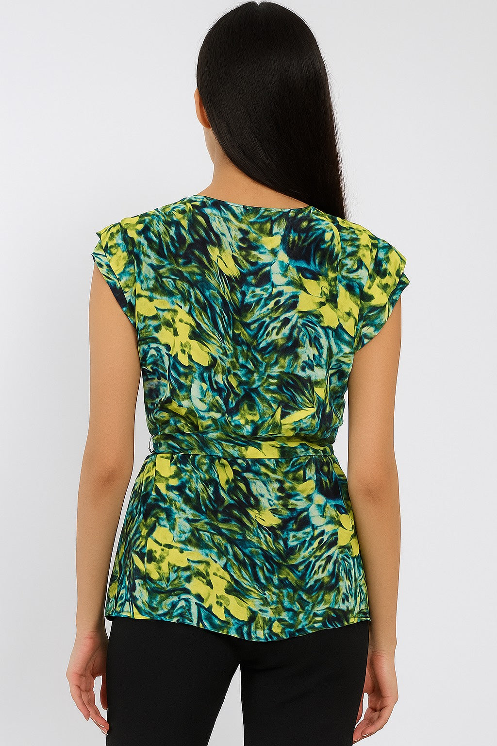 Women’s Green & Blue Abstract Print Ruffle Top with Belt