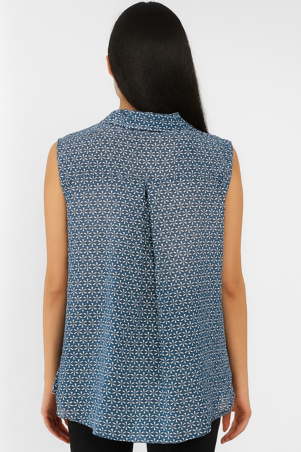 Women’s Sleeveless Printed Shirt – Blue Casual Button-Down Top