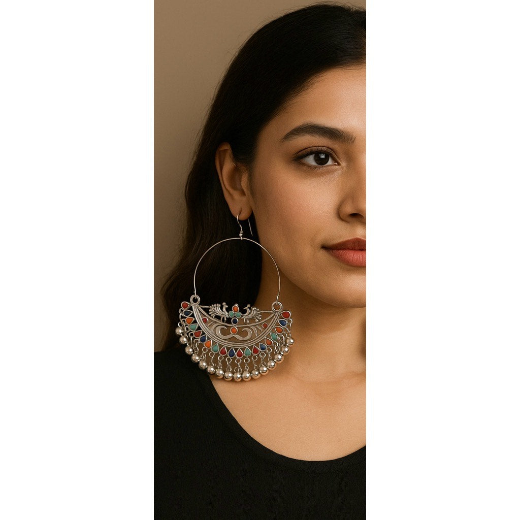 German Silver Silver Plated Ghungroo Beaded Oxidised Contemporary Chandbalis Earings