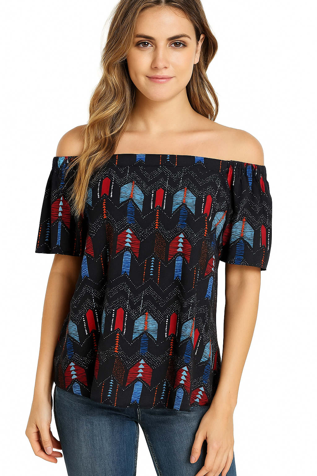 Women's Off-Shoulder Arrow Print Top – Multicolor Casual Top