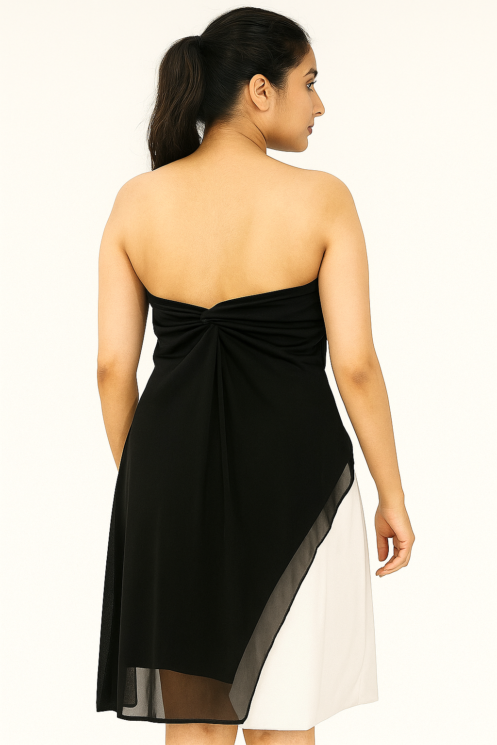 Women Stylish Black & White Strapless Embellished Asymmetrical Dress