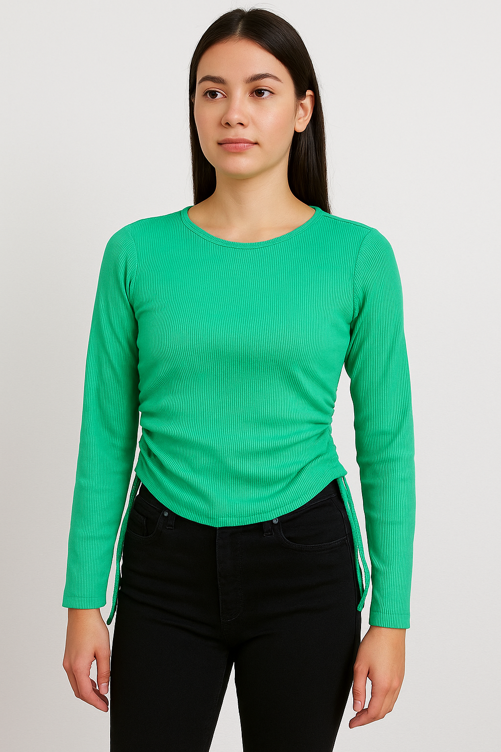 Women’s Green Ribbed Long Sleeve Top with Side Drawstring Detail