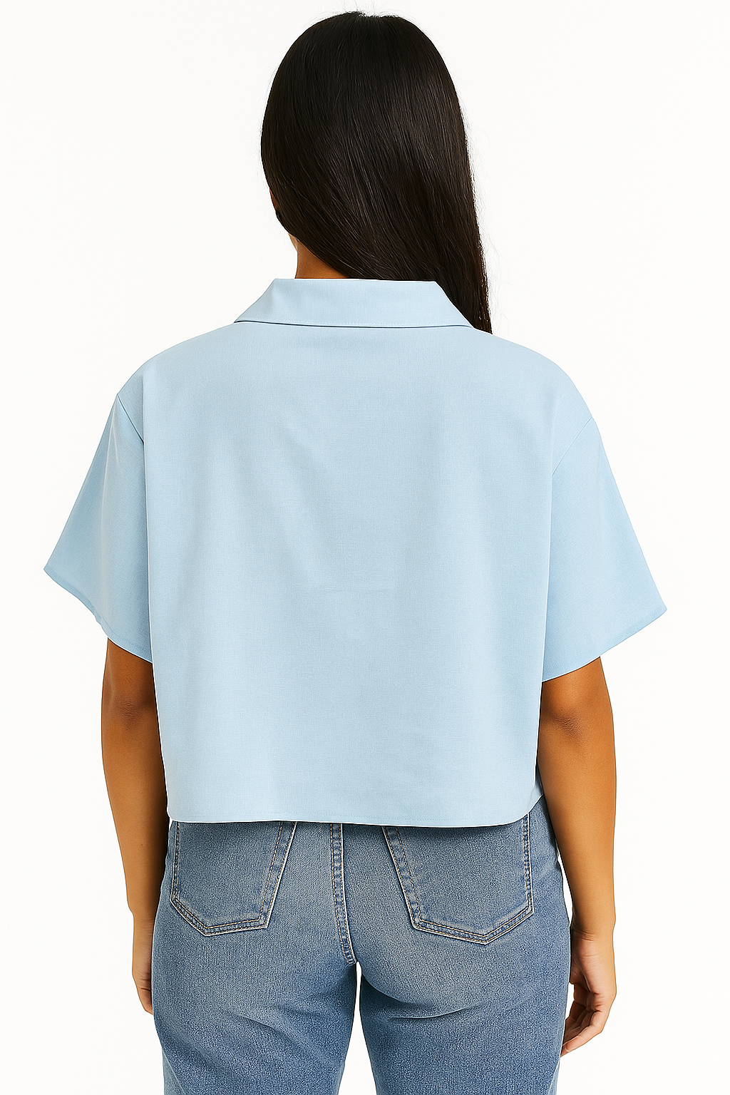 Women’s Light Blue Casual Crop Shirt with Front Pocket & Short Sleeves – Stylish Button Down Top for Jeans & Trousers
