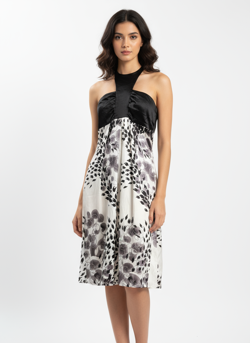 Chic Black & White Abstract Print Halter Neck Dress