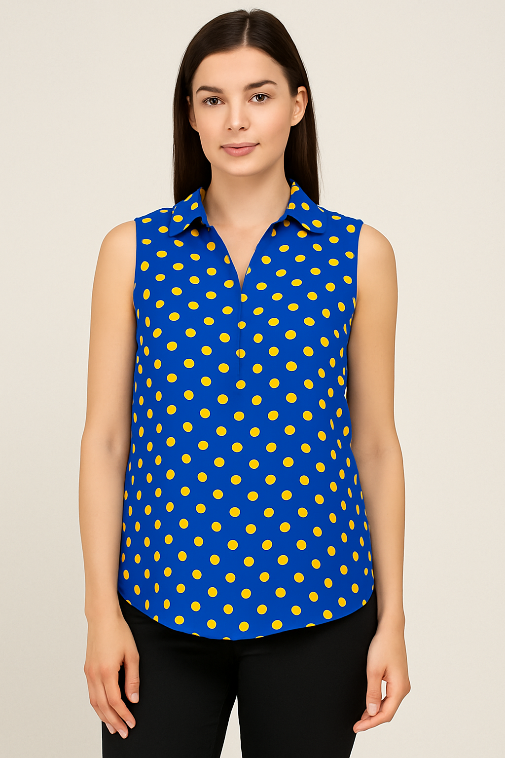 Women’s Blue Polka Dot Sleeveless Shirt – Stylish Summer Casual Top