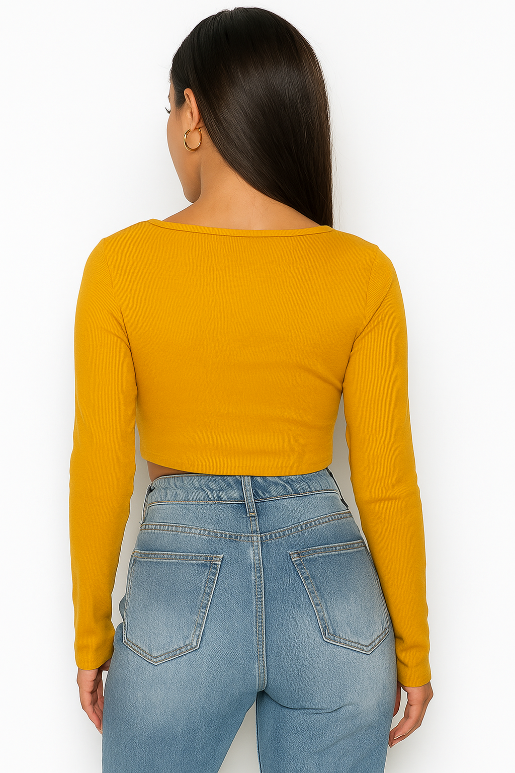 Women's Mustard Yellow Corset Style Ribbed Long Sleeve Top