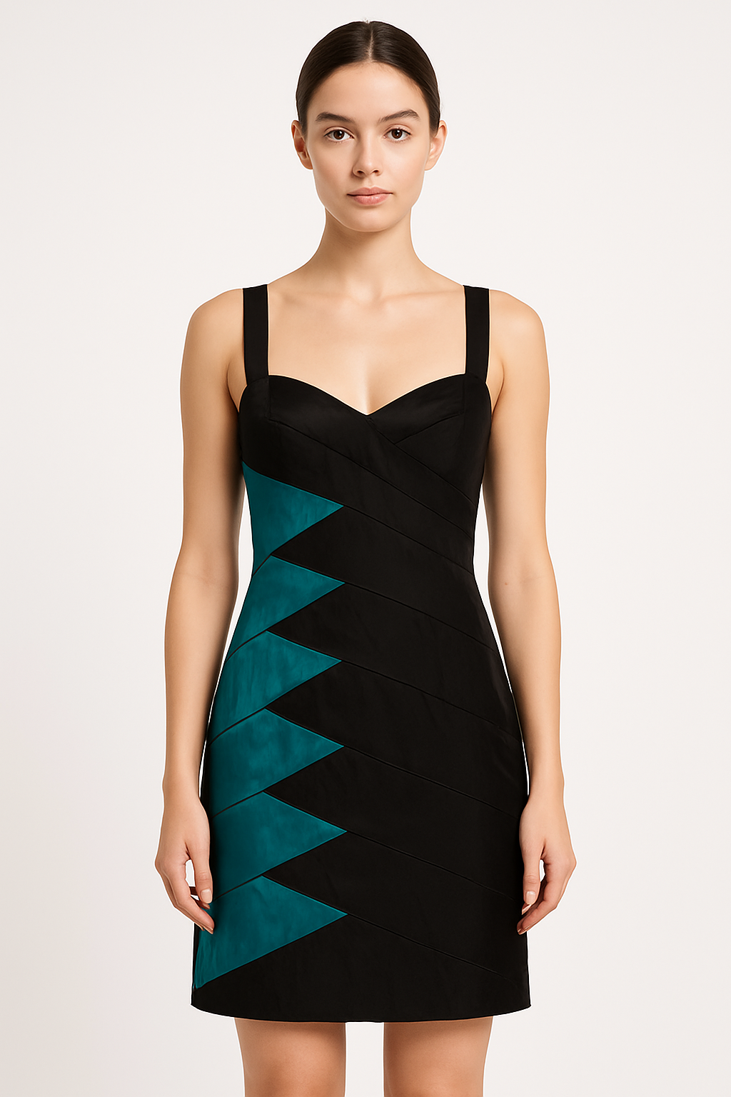 Elegant Black Bodycon Dress for Women | Sleeveless Party Wear Mini Dress with Stylish Green Zigzag Design – Cocktail, Club & Evening Outfit