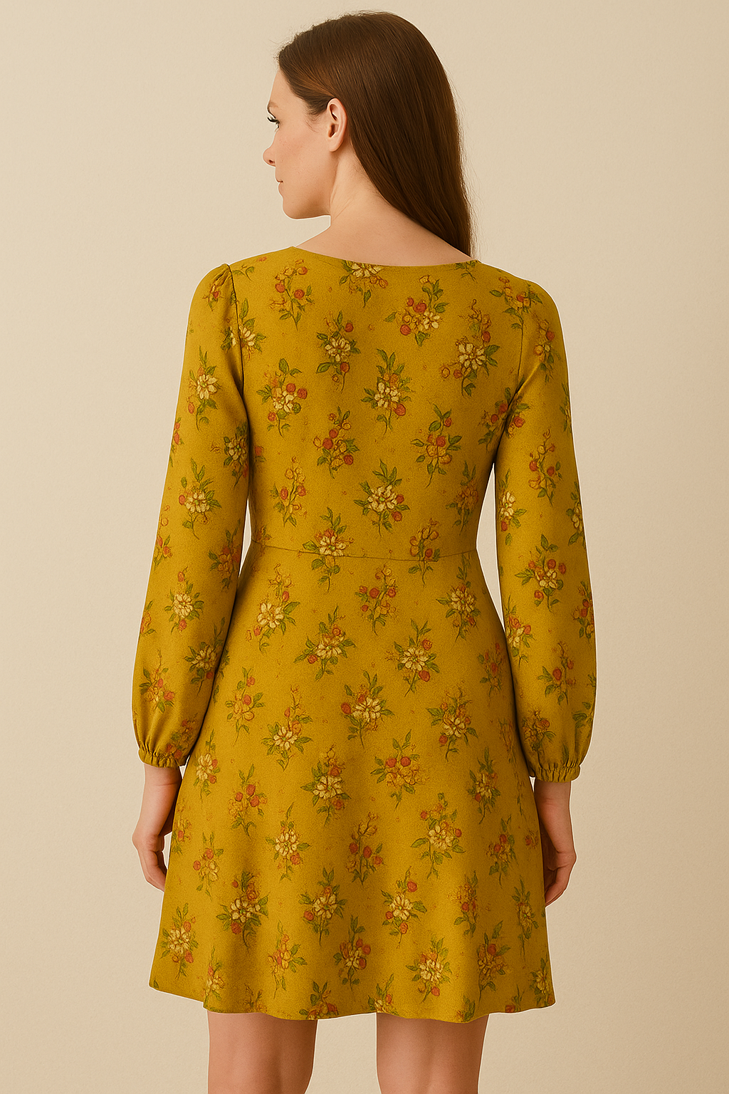 Women's Mustard Yellow Floral Print A-Line Dress with Long Sleeves & Round Neck