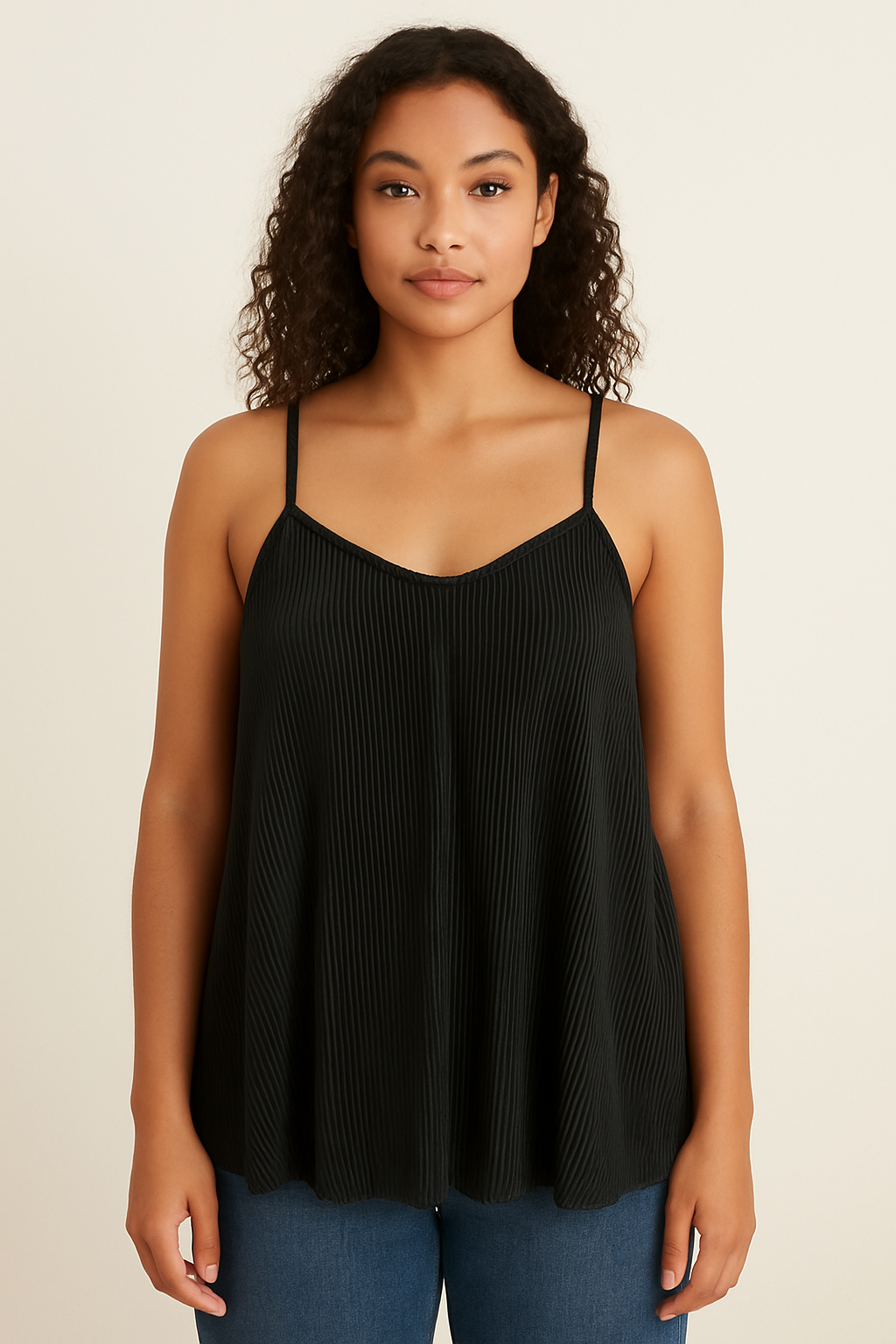 Women’s Black Pleated Cami Top – Spaghetti Strap Flowy Sleeveless Blouse