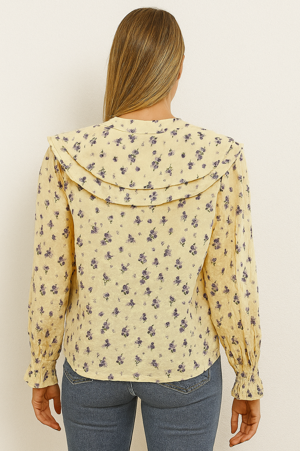 Women’s Yellow Floral Printed Ruffle Collar Shirt | Long Sleeve Casual Cotton Top for Girls & Ladies