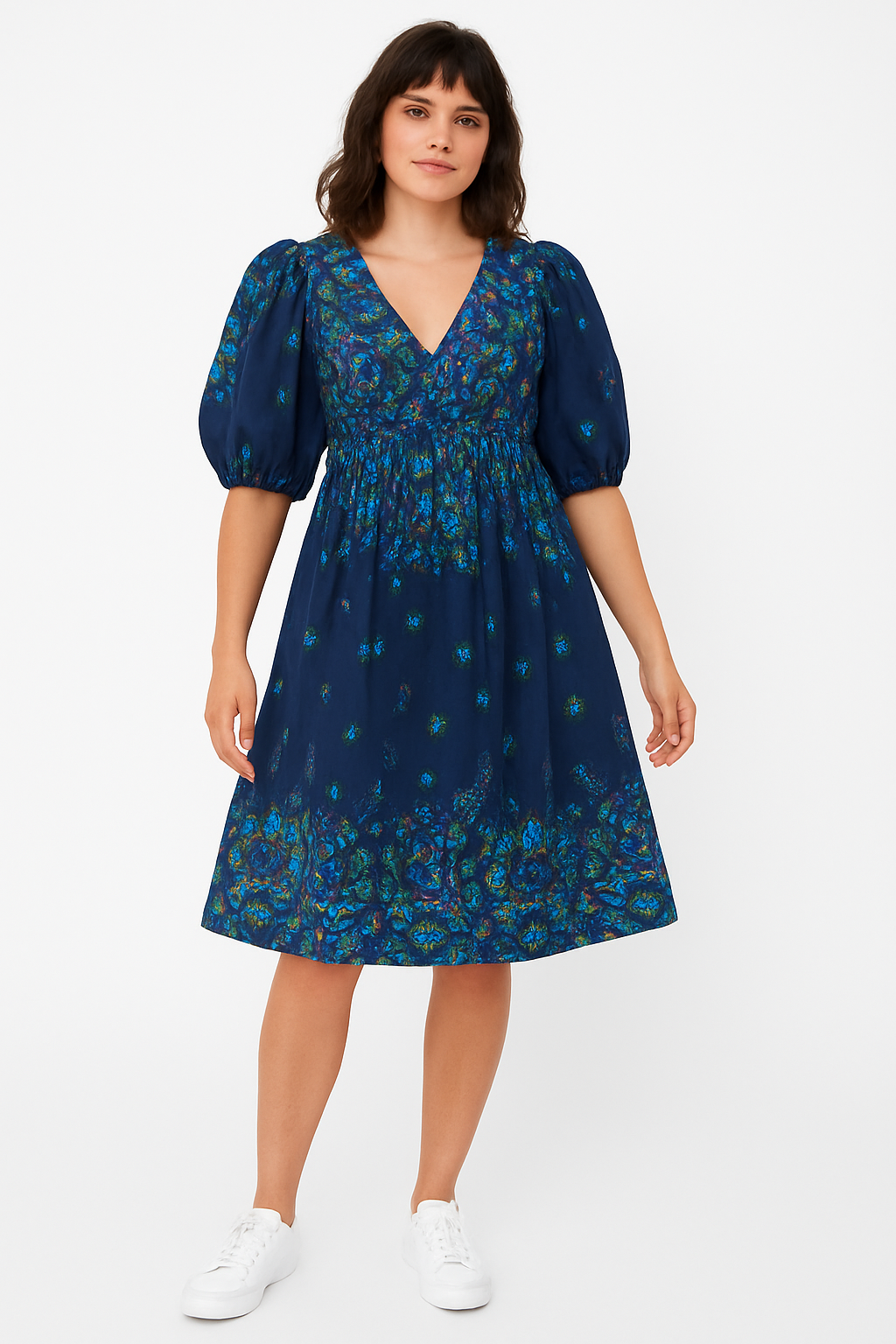 Navy Blue Paisley Puff Sleeve Midi Dress – Cotton, V-Neck, A-Line