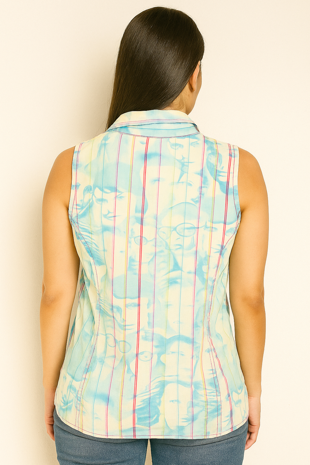 Women’s Sleeveless Printed Button-Down Shirt – Pastel Blue & Pink