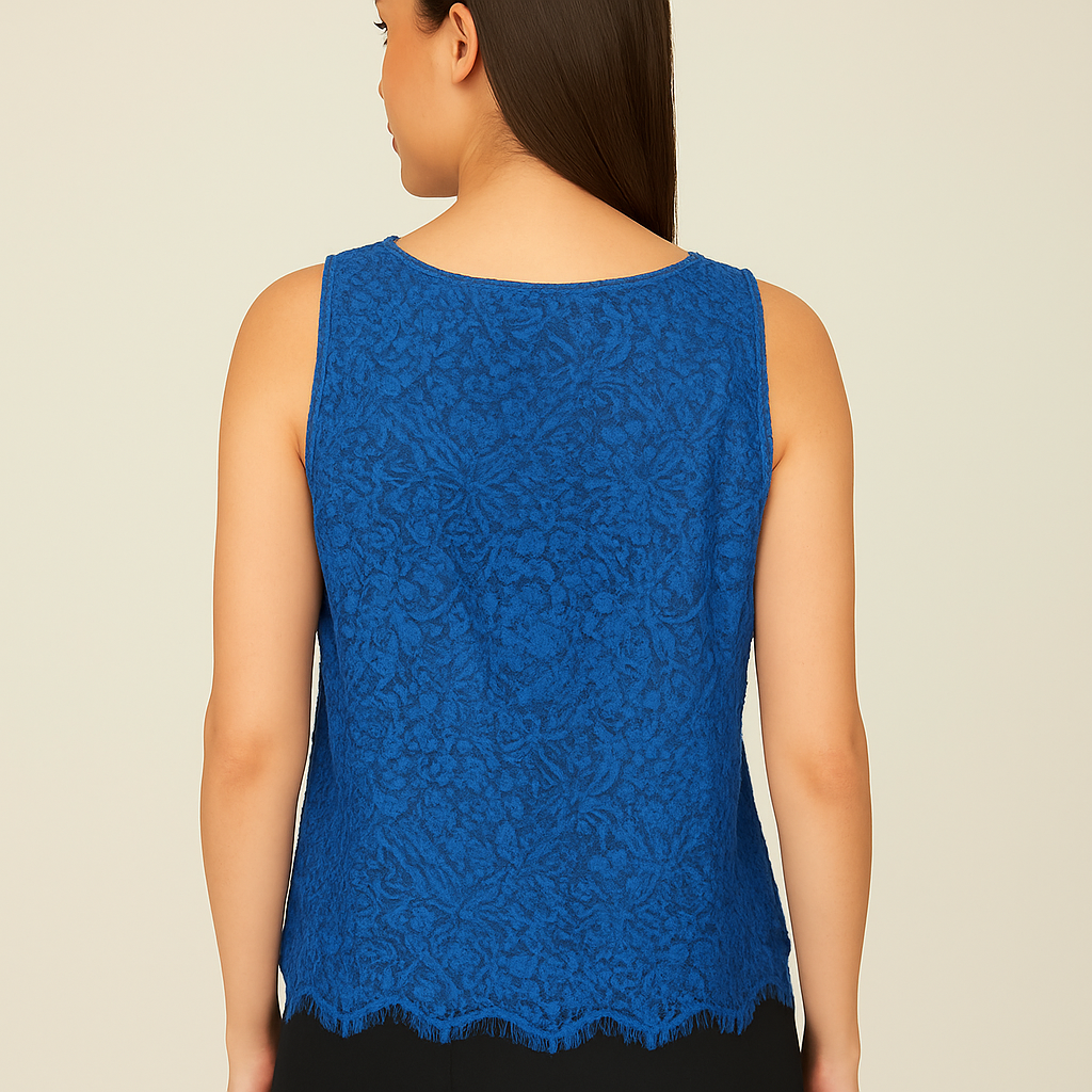 Women's Sleeveless Blue Floral Lace Top – Elegant Round Neck Blouse with Scalloped Hem